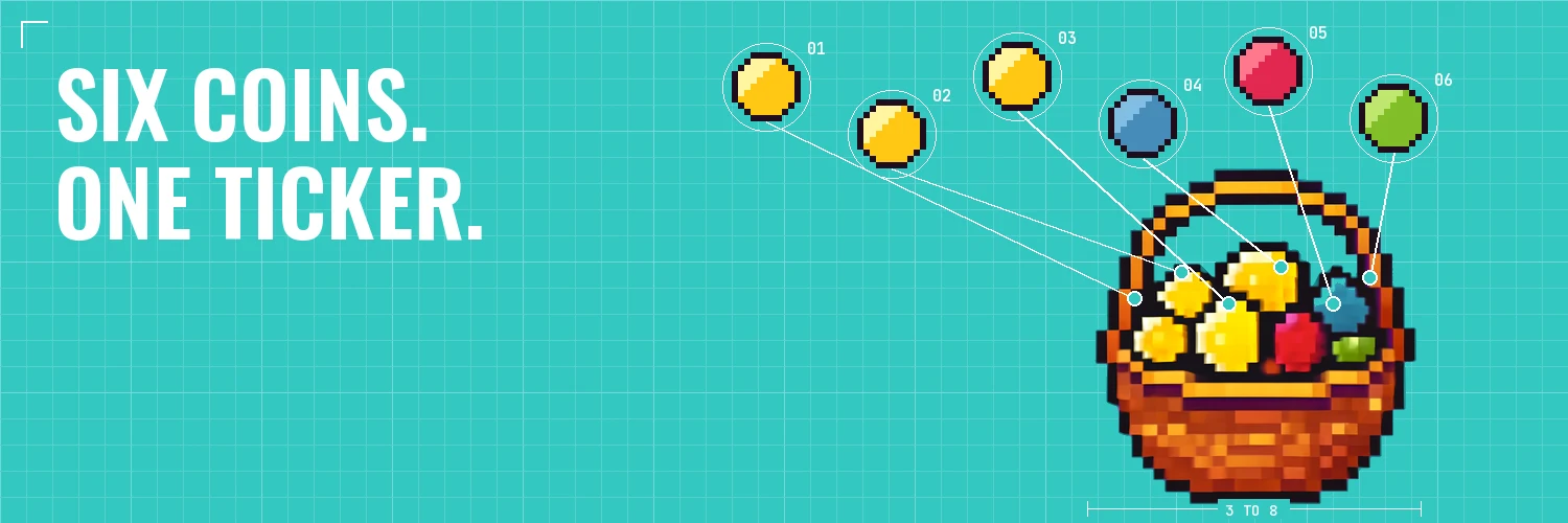 Six coins. One ticker. A blueprint of a pixel basket with six numbered coins above it
